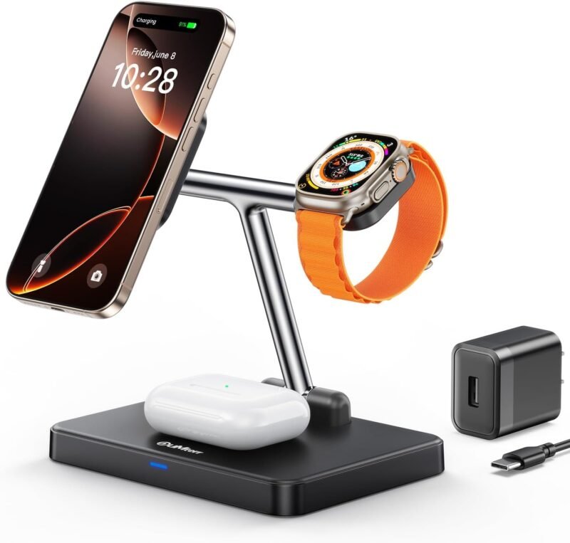 DUMTERR 3 in 1 Foldable Wireless Charging Station for Mag-Safe Charger for iPhone 16/15/14/13/12,for Apple Watch Series & AirPods - Wireless Charger Stand with N52 Strong Magnetic & Safety Protections
