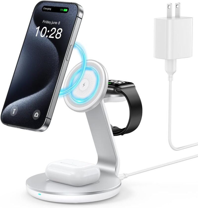 3 in 1 Charging Station Compatible with Magsafe Charger Wireless Charger Stand for iPhone 16 15 14 13 12 Series Wireless Charging Station for AirPods Wireless Charging Stand for iWatch Series