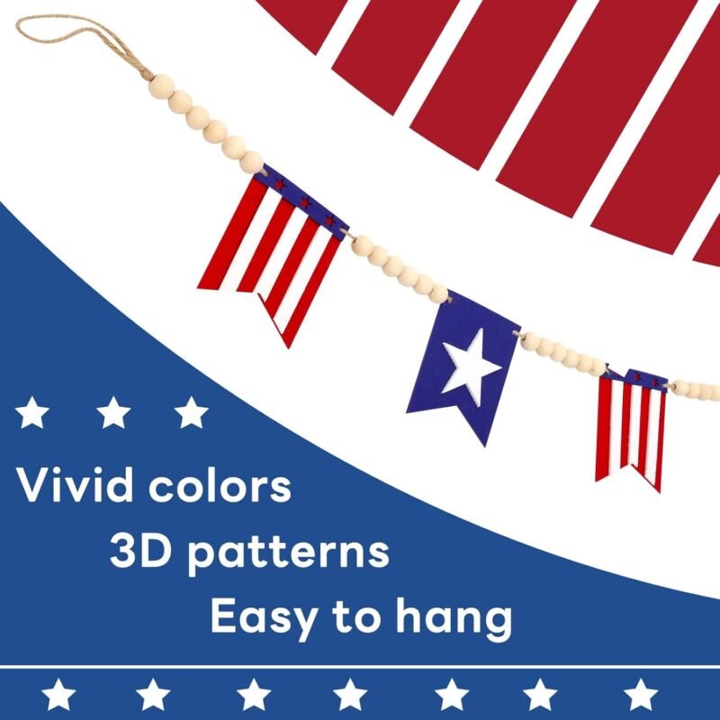 5.1 FT 4th of July Patriotic American Flag Wood Bead Garland Banner - Independence Day Decorations for Fireplace Mantle, Red White Blue Decor for Memorial Day, Veterans Day & Party Supplies - Image 2