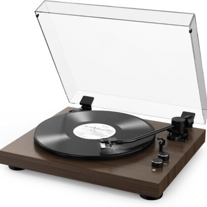 Belt-Drive Bluetooth Turntable with Magnetic Cartridge, Bluetooth 5.3, Built-in Phono Preamp, RCA Output, 33/45 RPM Vinyl Record Player, Vintage Wood Grain Design & Anti-Vibration Feet