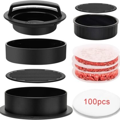 Luxiv 3 in 1 Burger Press, Hamburger Patty Maker Stuffed Burgers Press with 100p Hamburger Paper for BBQ Non-Stick Sliders Beef Hamburger Push (Black)