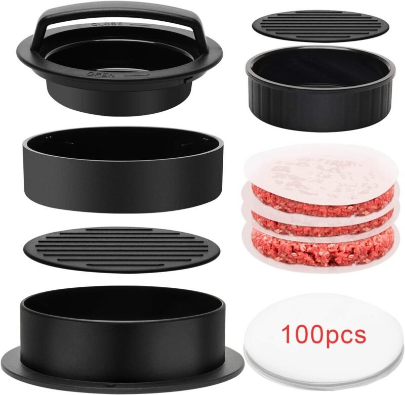 Luxiv 3 in 1 Burger Press, Hamburger Patty Maker Stuffed Burgers Press with 100p Hamburger Paper for BBQ Non-Stick Sliders Beef Hamburger Push (Black)