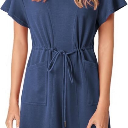 EVALESS Womens Spring Summer Dresses 2025 Casual Round Neck Ruffle Short Sleeve Flowy A Line Mini Dress with Pockets