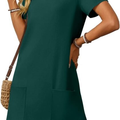 AlvaQ Womens Solid Color Casual Summer Square Neck Short Sleeve Mini Dresses with Pockets
