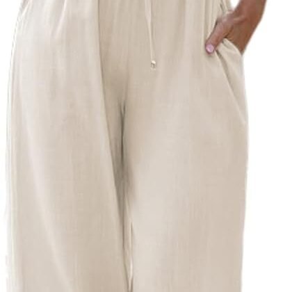 Faleave Women's Cotton Linen Summer Palazzo Pants Flowy Wide Leg Beach Trousers with Pockets