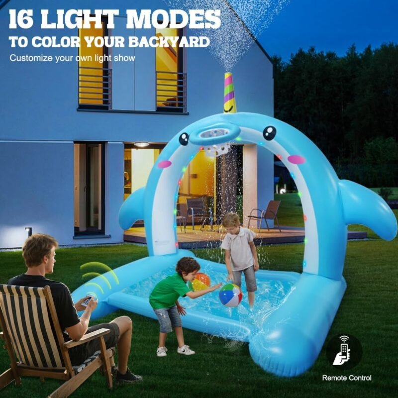 8.7FT Inflatable Whale Sprinkler Water Toys with Basketball Hoop Arch, 3-in-1 Large Splash Pad for Kids & Dogs, 16 LED Lights, Thickened Mat Toys for Outdoor Backyard & Garden Summer Fun - Image 2
