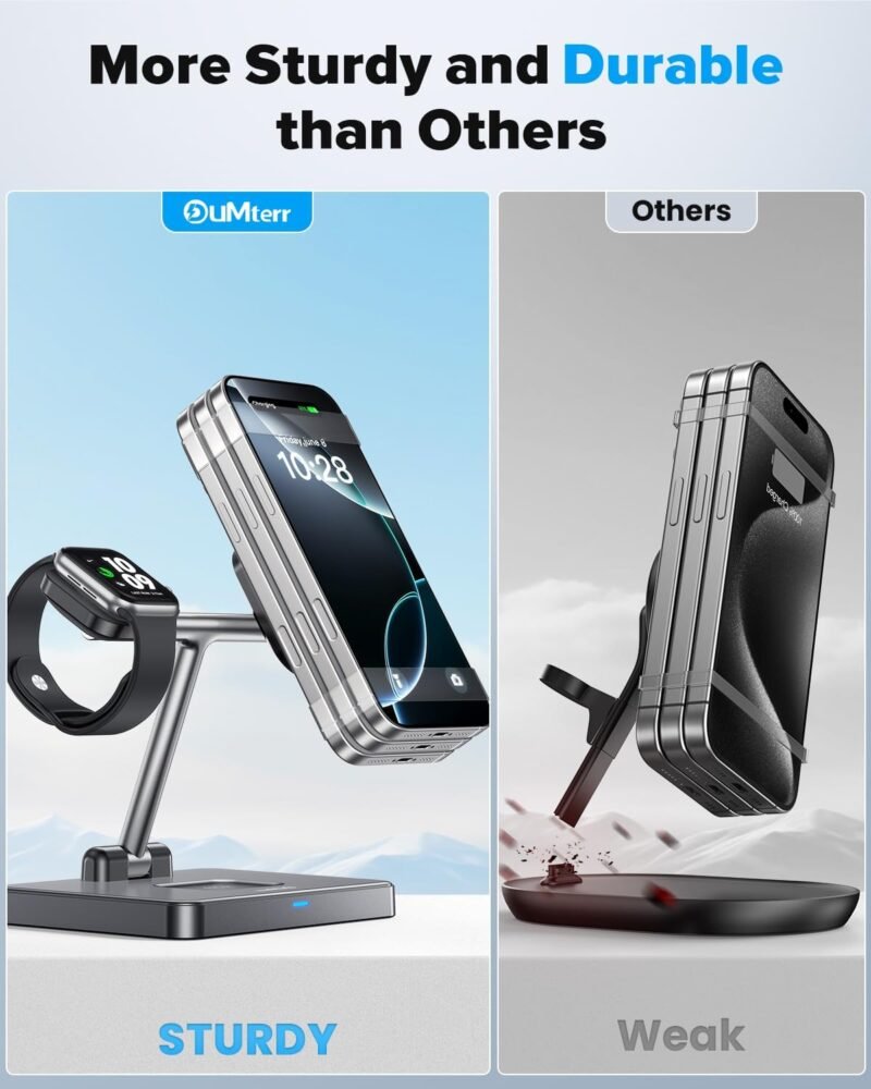DUMTERR 3 in 1 Foldable Wireless Charging Station for Mag-Safe Charger for iPhone 16/15/14/13/12,for Apple Watch Series & AirPods - Wireless Charger Stand with N52 Strong Magnetic & Safety Protections - Image 3
