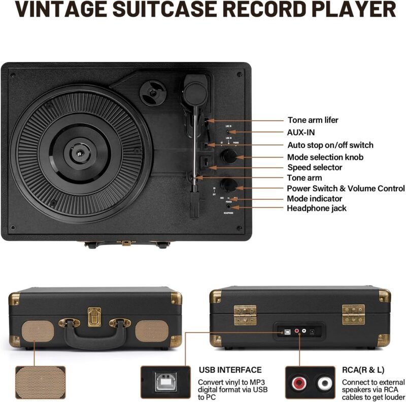 Vinyl Record Player Bluetooth 3-Speed Portable Vintage Suitcase with Built-in Speakers, RCA Line Out AUX in Headphone Jack Vintage Turntable, Black - Image 3