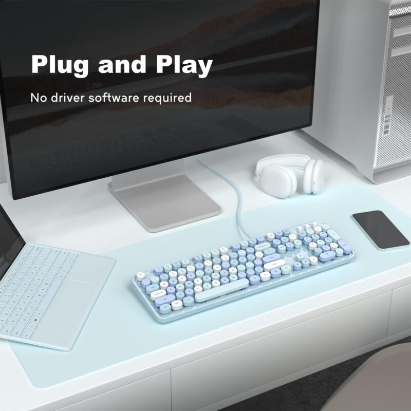 Computer Keyboard Wired, Plug Play USB Retro Round Typewriter Keyboard, Full Size Wired Keyboard with Foldable Stands for Laptop and Office PC - Blue Colorful - Image 3