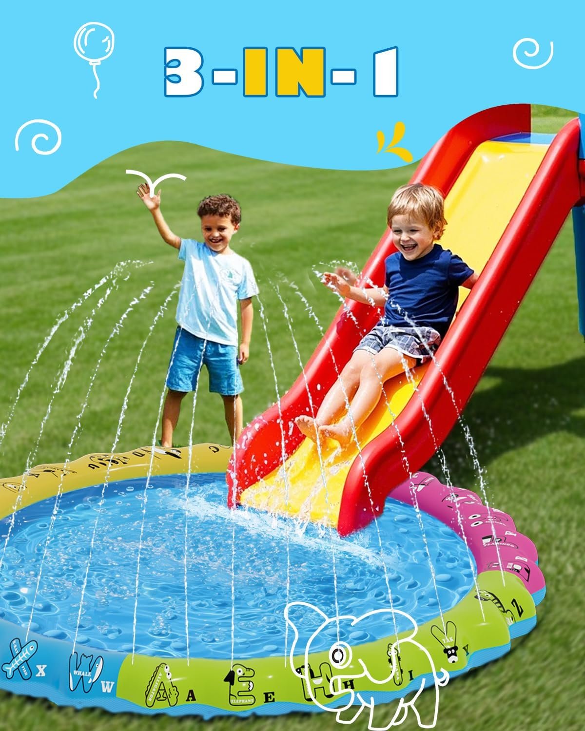 67" 3-in-1 Non-Slip Splash Pads for Toddlers 1-3 & Kids Ages 4-8, Baby Learning Pool, Sprinkler for Kids Summer Outdoor Toys, Water Game Mat with A-Z Letters - Image 2