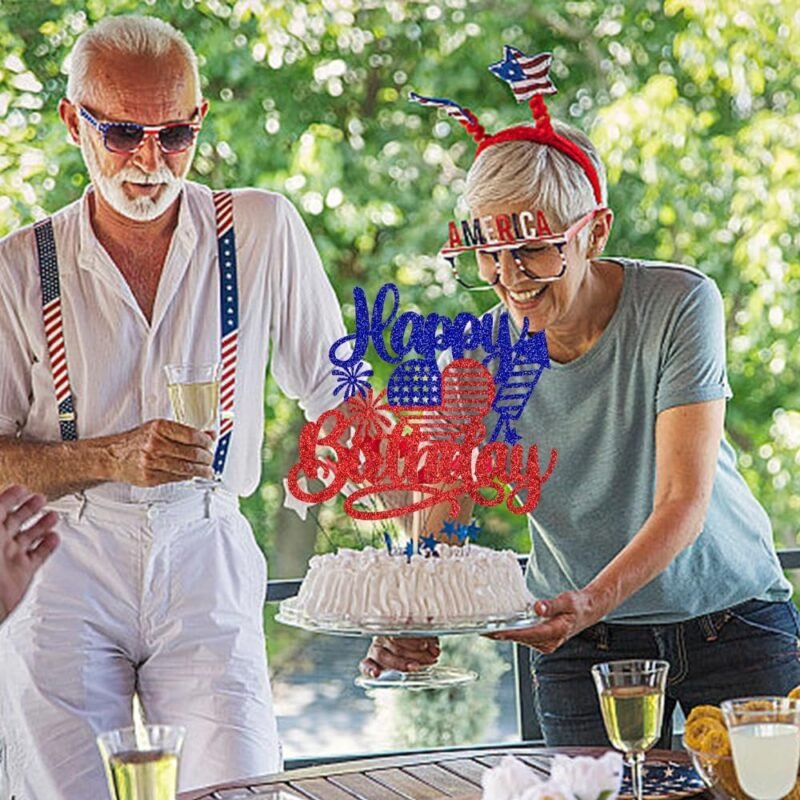 American Happy Birthday Cake Topper,Blue Red Glitter Independence Day Cake Toppers 4th of July Flag Day Photo Props for Patriotic Party/Boys Girls Independence Day Happy Birthday Party - Image 6