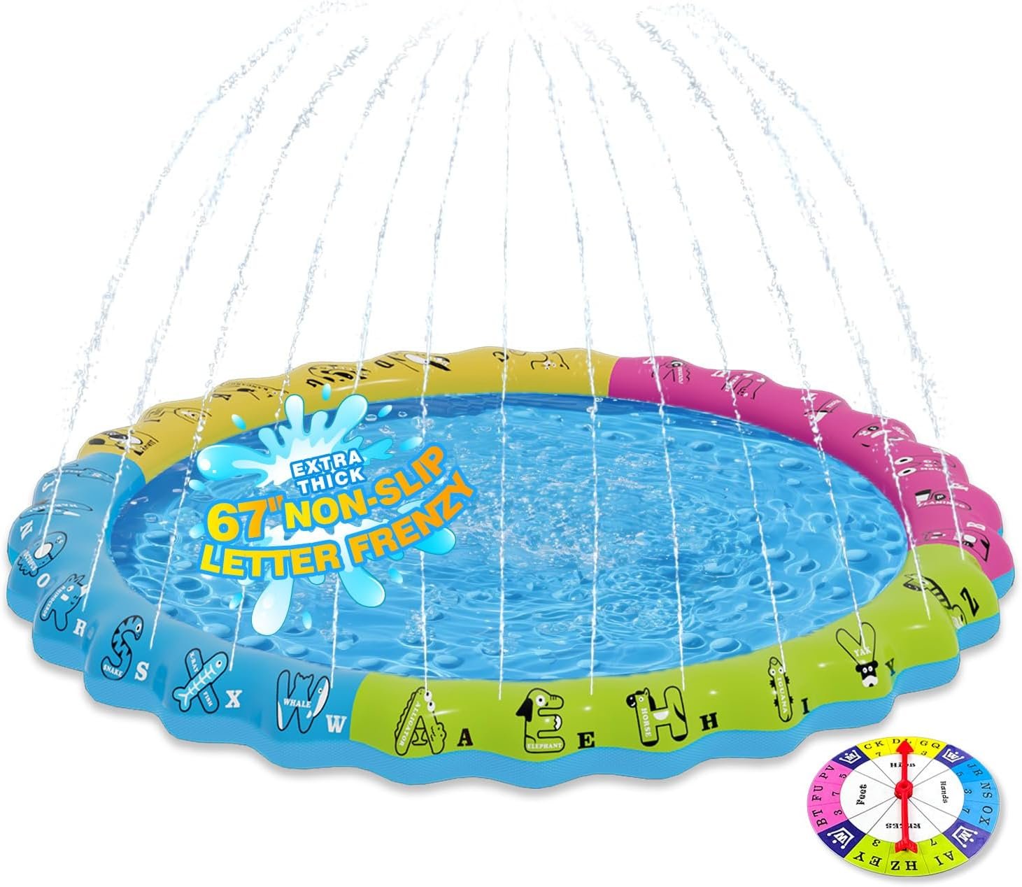 67" 3-in-1 Non-Slip Splash Pads for Toddlers 1-3 & Kids Ages 4-8, Baby Learning Pool, Sprinkler for Kids Summer Outdoor Toys, Water Game Mat with A-Z Letters