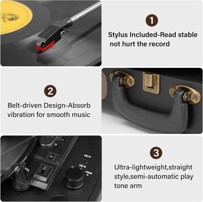 Vinyl Record Player Bluetooth 3-Speed Portable Vintage Suitcase with Built-in Speakers, RCA Line Out AUX in Headphone Jack Vintage Turntable, Black - Image 6
