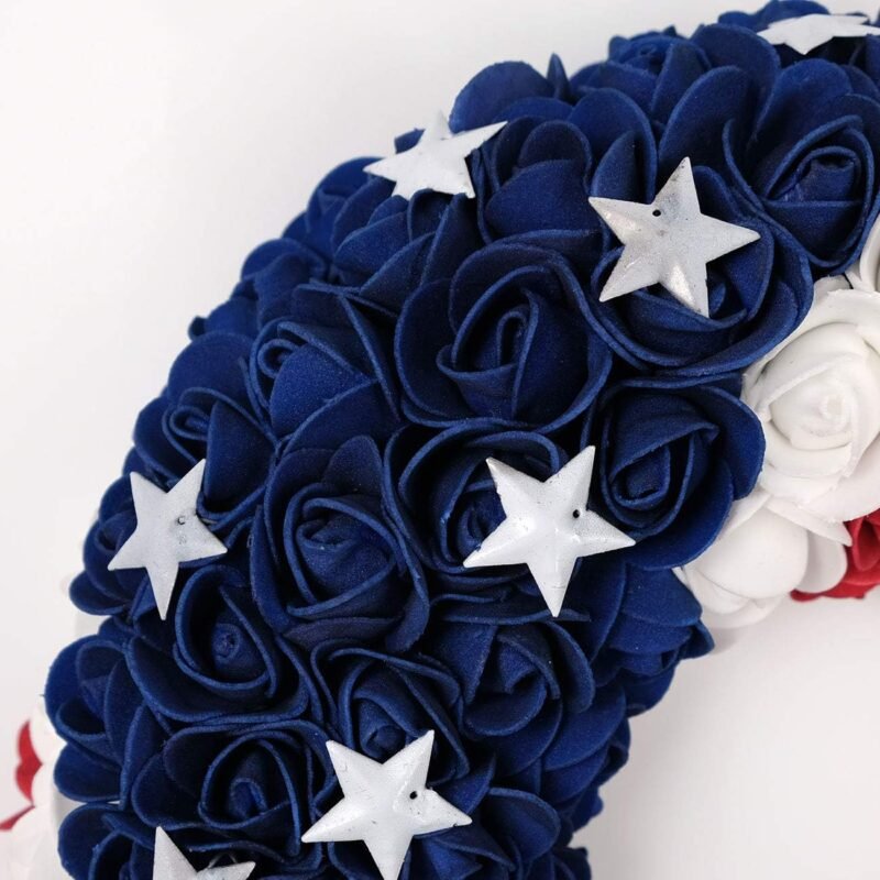 idyllic July 4th Wreath Patriotic Americana Wreath Boxwood Handcrafted Memorial Day Wreath Festival Garland Decoration Front Door Wall Home Decor (Blue) - Image 7