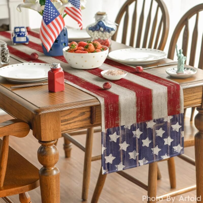 Artoid Mode American Flag Stars and Stripes 4th of July Table Runner,Memorial Day Kitchen Dining Table Decoration for Home Party Decor 13x72 Inch - Image 4