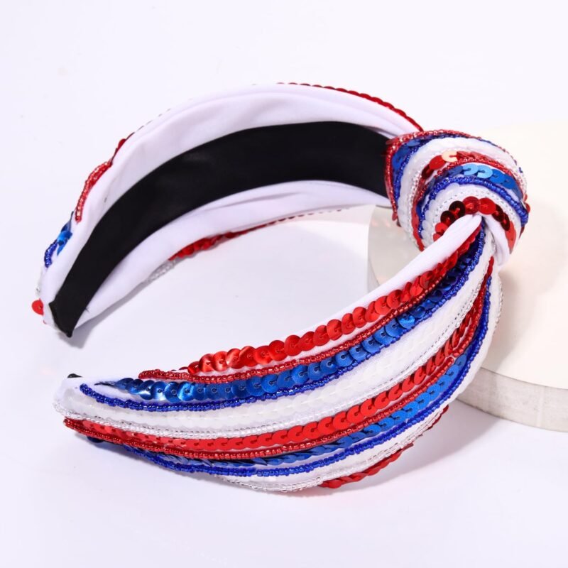 4 th of July Headband for Women Girls Fourth of July Knotted Headband Red White and Blue Sequin Beaded Patriotic Hairband American Flag USA Independence Day Head Band Hair Accessories Gifts - Image 7