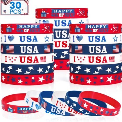 4th of July Party Favors Rubber Bracelets 30PCS USA American Flag Red White and Blue Silicone Wristbands for Kids Independence Day Party Fourth of July Patriotic Classroom Prizes Gifts Accessories