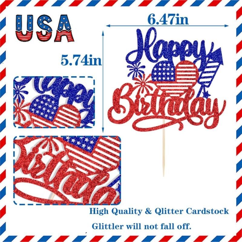 American Happy Birthday Cake Topper,Blue Red Glitter Independence Day Cake Toppers 4th of July Flag Day Photo Props for Patriotic Party/Boys Girls Independence Day Happy Birthday Party - Image 5
