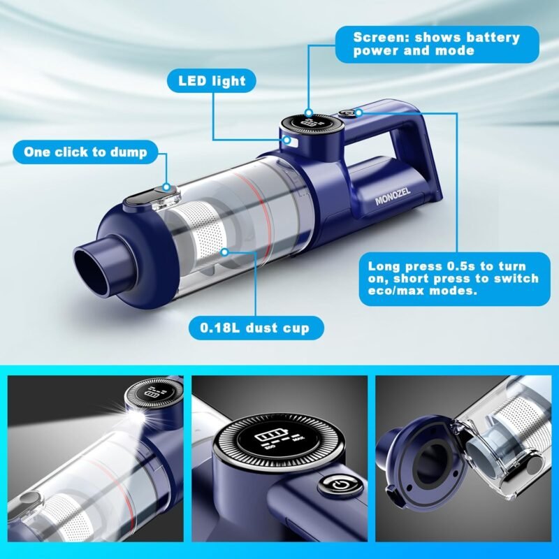 Handheld Vacuum Cordless - Car Vacuum Cleaner with Brushless Motor, 15000Pa Powerful Suction with LED Light, Type C Cable, 2 Fliters, Portable Hand Vacuum for Home, Car, and Office - Image 7