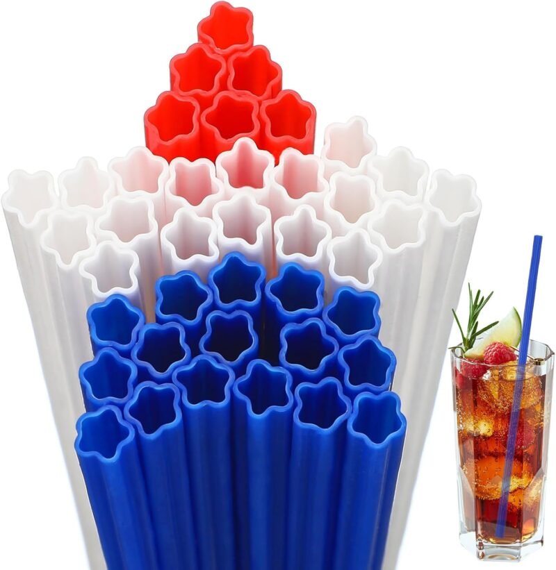 120 Pcs Independence Day Plastic Straws Red Blue White Star Shaped Straws Disposable Drinking Cute Straw for 4th of July Party Beverage Cocktail Patriotic Memorial Day Supplies