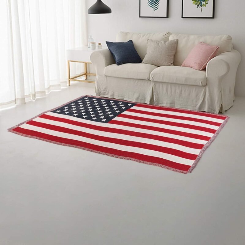 American Flag Throw Blanket Reversible Soft Woven Cotton Thick Large Tassels Rug Vintage USA Military United States Print Knit Tapestry Chair Recliner Loveseat Couch Sofa Cover (Large: 91x71)