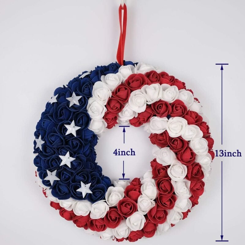 idyllic July 4th Wreath Patriotic Americana Wreath Boxwood Handcrafted Memorial Day Wreath Festival Garland Decoration Front Door Wall Home Decor (Blue) - Image 2