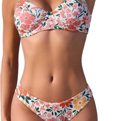 ZAFUL Women's Ribbed Underwire Bikini Set High Cut Colorblock V Notch Swimwear Printed High Leg Swimsuit