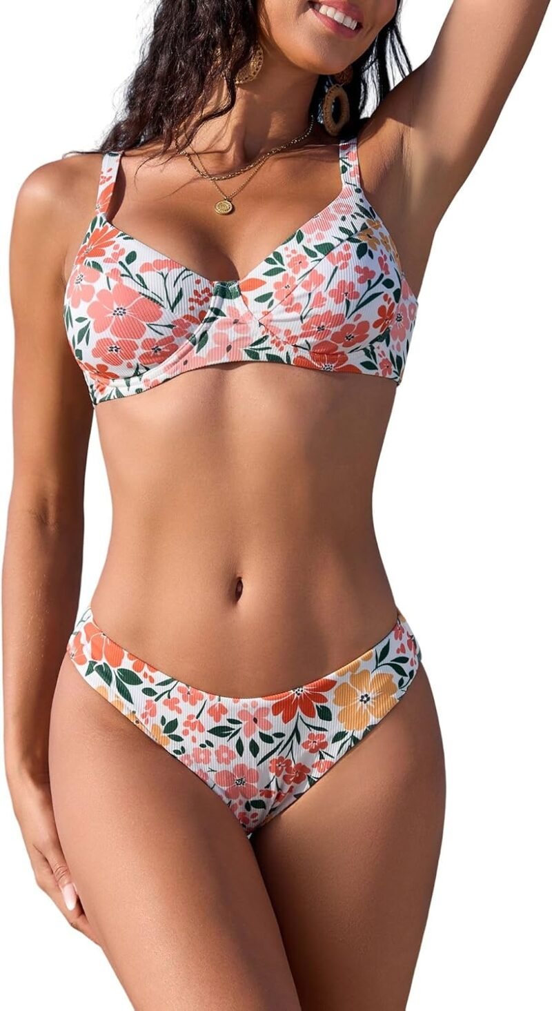 ZAFUL Women's Ribbed Underwire Bikini Set High Cut Colorblock V Notch Swimwear Printed High Leg Swimsuit