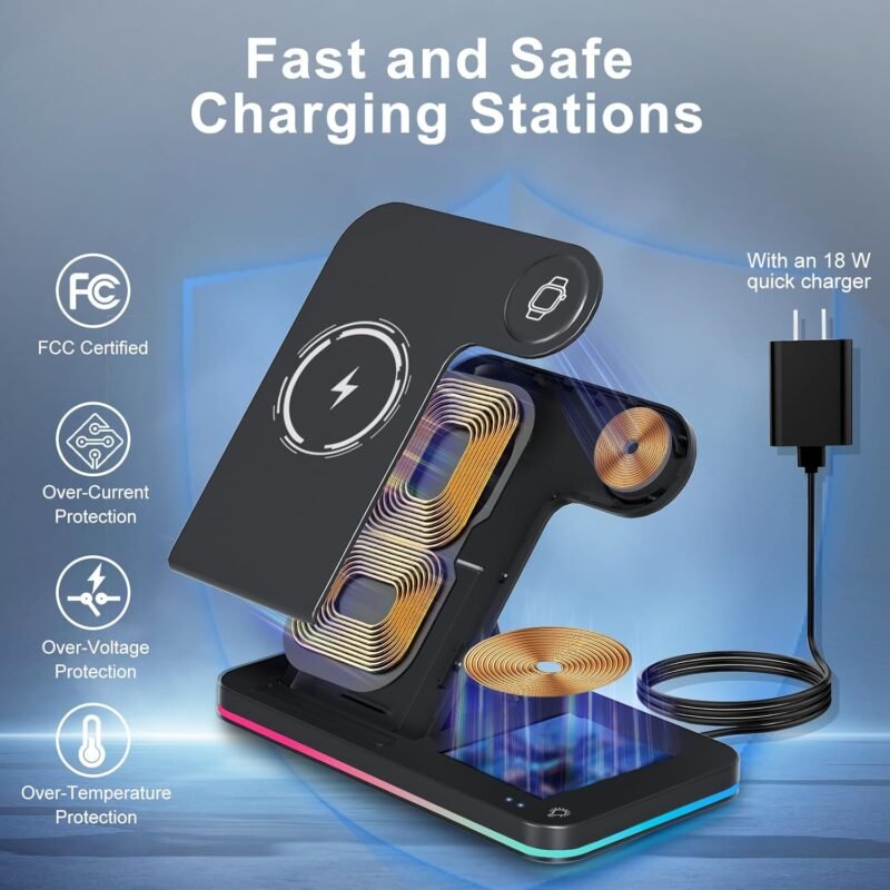 Wireless Charger 3 in 1 Charging Station lPhone Fast Foldable Charging Stand for Apple Multiple Devices with an 18 W Quick Charger for lPhone 16/15/14/13 Pro Max Apple Watch AriPods Pro 2