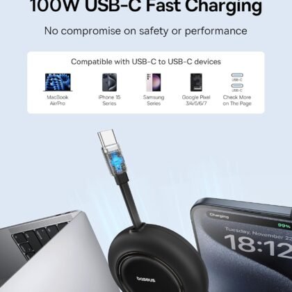 Baseus USB C Cable, 100W 2-Pack 6.6ft Retractable USBC to USBC Fast Charging Cable, 7-Stage Length Preset Retractable Type C Cord for iPhone 16 15 Pro Plus Pro Max, MacBook, iPad Pro, Samsung S24/S23