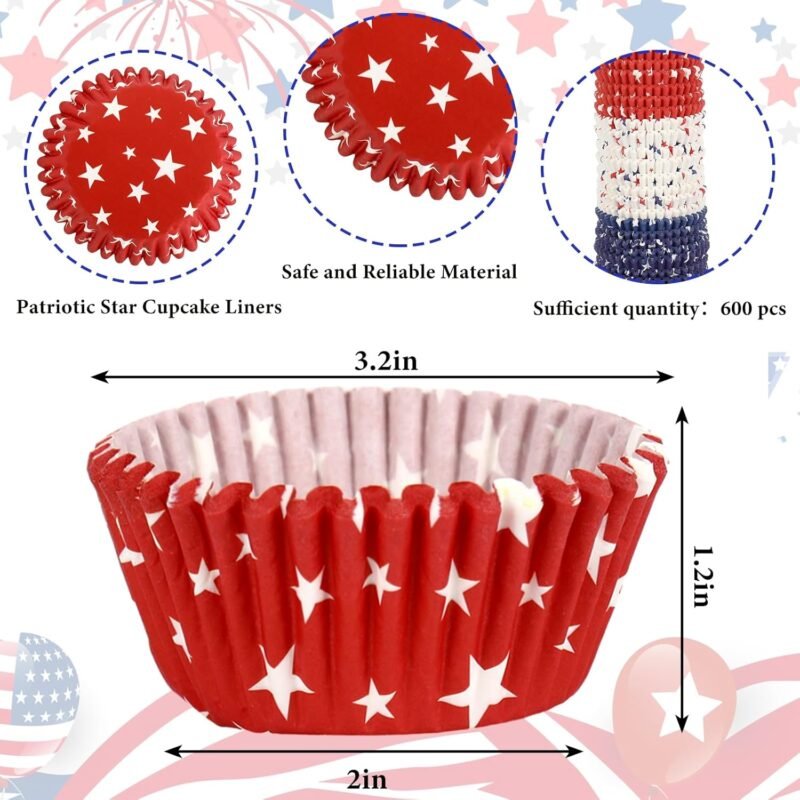Whaline 600Pcs Patriotic Cupcake Liner Red White Blue Star Paper Baking Cup 4th of July Muffin Liner Cake Storage Container for Independence Day Party DIY Craft, 2 x 1.2 Inch - Image 2