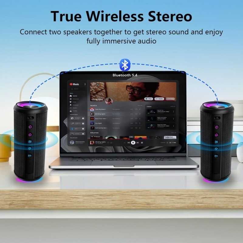 Portable Bluetooth Speaker, Bluetooth 5.4 Wireless Speaker with 20W HD Loud Stereo Sound, 12H Playtime, IPX5 Waterproof, LED Lights, TWS Pairing, Built-in Mic, for Outdoor, Home, Party, Beach, Gift - Image 5