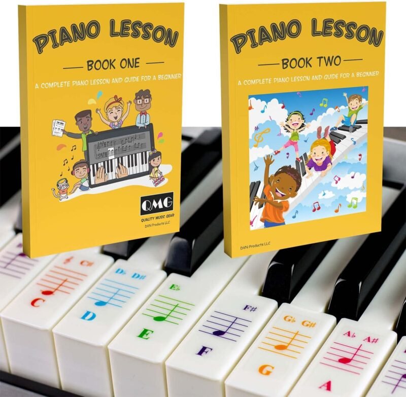 QMG Color Piano and Keyboard Stickers and Complete Color Note Piano Music Lesson and Guide Book 1 and Book 2 for Kids and Beginners; Designed and Printed in USA