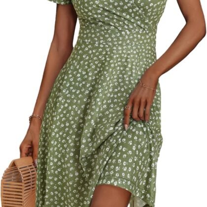 MSBASIC Womens Summer Wrap V Neck Casual Dresses Floral Short Sleeve A-Line Midi Sundress