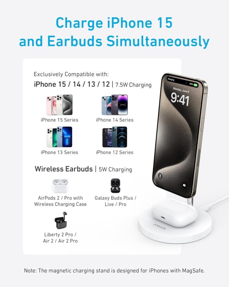 Anker iPhone 16 Wireless Charging Stand, PowerWave 2-in-1 Magnetic Stand Lite with USB-C Cable, For iPhone 16/15/14/13 Series, AirPods (No AC Adapter) - Image 3