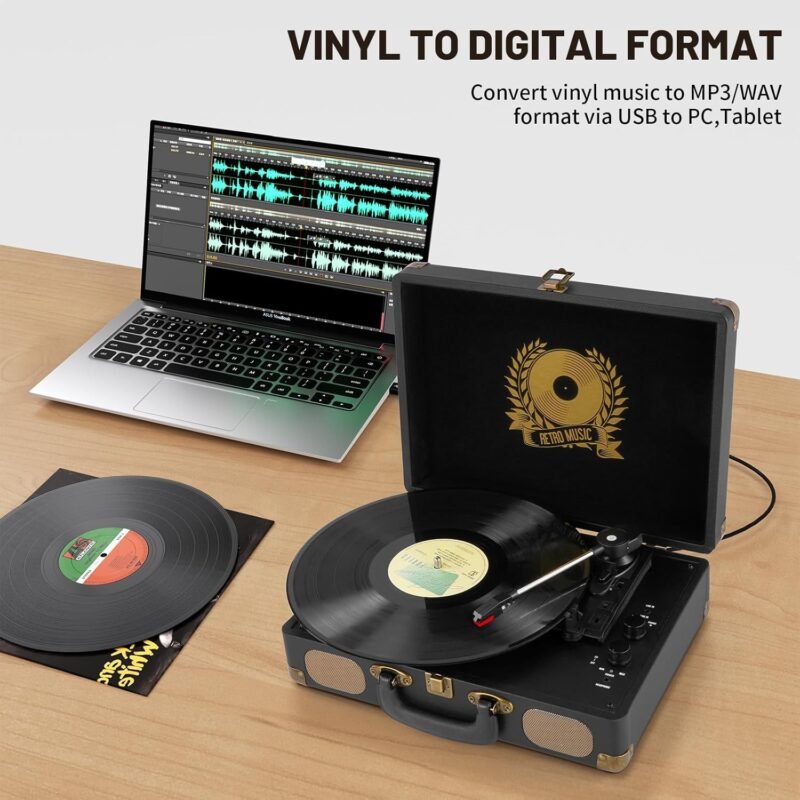 Vinyl Record Player Bluetooth 3-Speed Portable Vintage Suitcase with Built-in Speakers, RCA Line Out AUX in Headphone Jack Vintage Turntable, Black - Image 4