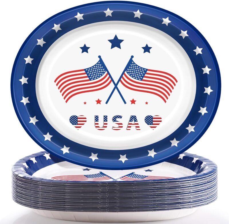 50 Count 4th of July Plates Oval Blue Paper Plates 12 inch x 10 inch - Patriotic Decorations for Independence Day, 4th of July Party Supplies