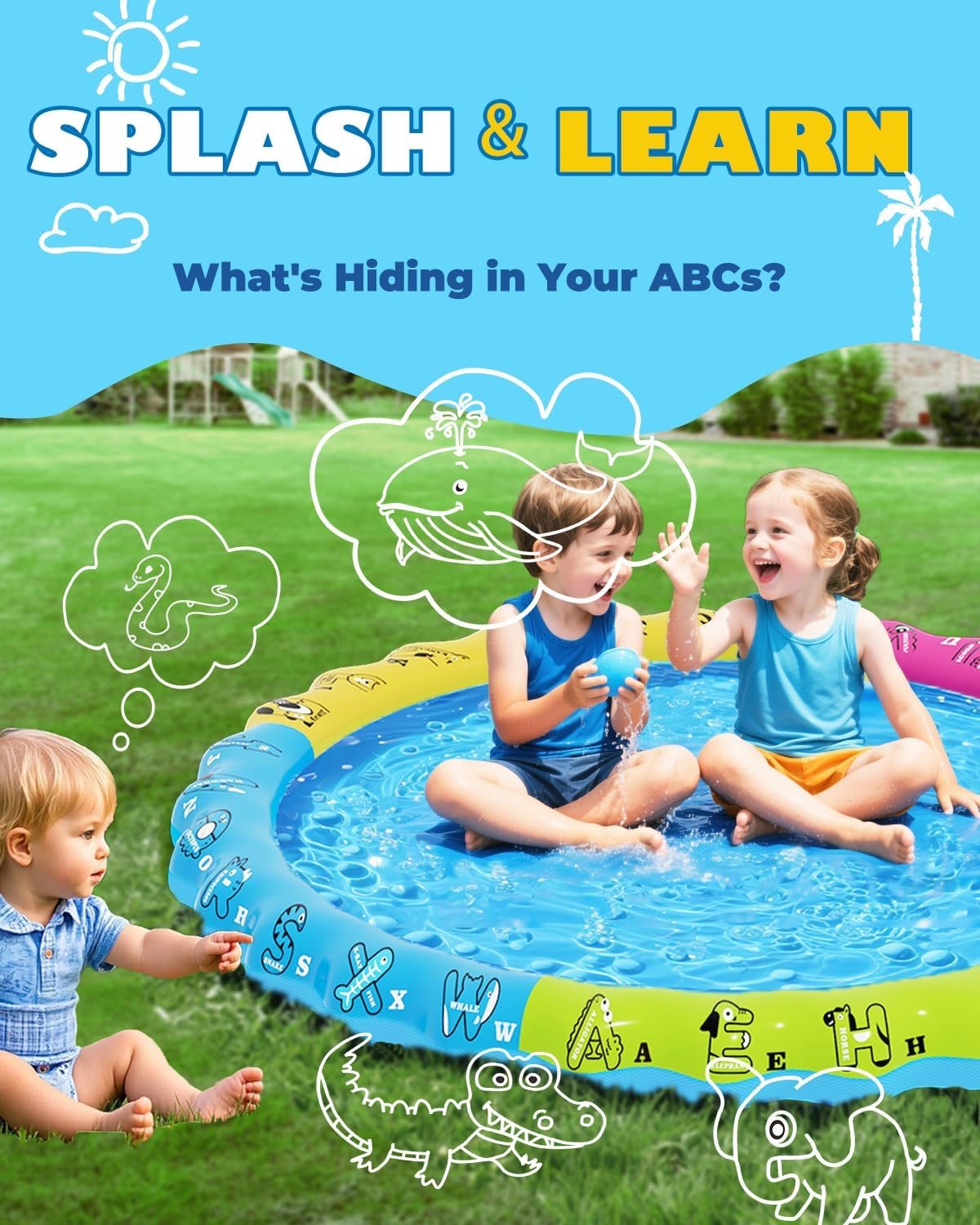 67" 3-in-1 Non-Slip Splash Pads for Toddlers 1-3 & Kids Ages 4-8, Baby Learning Pool, Sprinkler for Kids Summer Outdoor Toys, Water Game Mat with A-Z Letters - Image 3