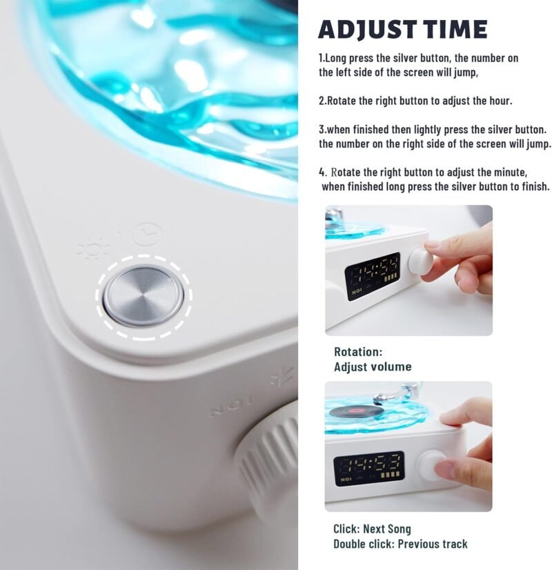 AVIF Wave Vinyl Bluetooth Speaker with Adjustable Ambient Lights,Music Player with 4 Modes,Vintage Record Model Players with Time,Small Record Player for Room Desk,Waves Speaker (White) - Image 6