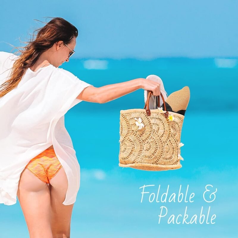 Beach Sun Straw Hats for Women, UPF 50+ UV Sun Protection Wide Brim Summer Straw Hat Foldable Packable Roll up Cap - Image 6