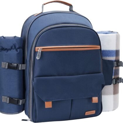 Sunflora Picnic Backpack for 4 Person Set Pack with Insulated Waterproof Pouch for Family Outdoor Camping (Navy Blue)