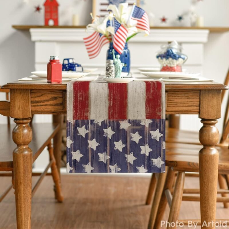 Artoid Mode American Flag Stars and Stripes 4th of July Table Runner,Memorial Day Kitchen Dining Table Decoration for Home Party Decor 13x72 Inch - Image 2