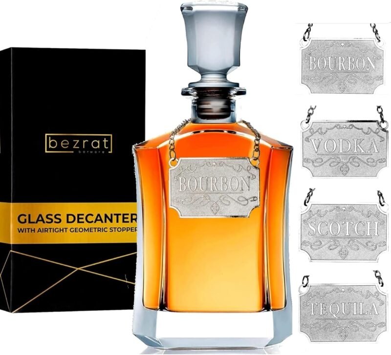 Whiskey Decanter With Label Tag - Bottle Metal Name Tags - Glass Airtight Stopper for Wine, Bourbon, Brandy, Juice, Water - Decanter Sets For Men Christmas Gifts for Dad Boyfriend Husband Him - 24 oz