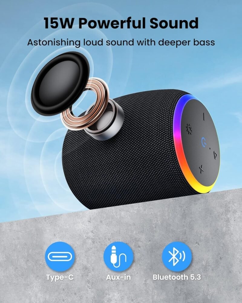 Bluetooth Speaker, Portable Wireless Bluetooth 5.3, 15W Clear Bass, IPX6 Waterproof, LED Lights, AUX/TF/USB, Dual TWS Pairing, 12H Playtime, Small Speakers for Home Outdoor Beach, Ideal Gift - Image 4