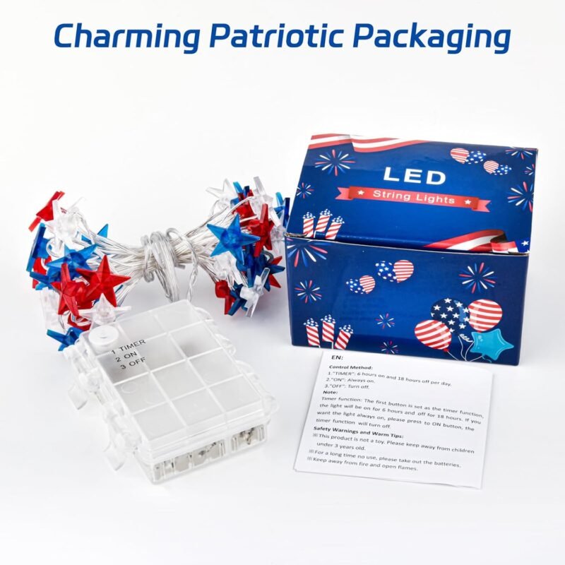 4th of July Lights Battery Operated, Red White and Blue Lights with Timer Outdoor Waterproof, 13ft 40LED Patriotic Star String Lights for Memorial Day Presidents Day Independence Day - Image 7