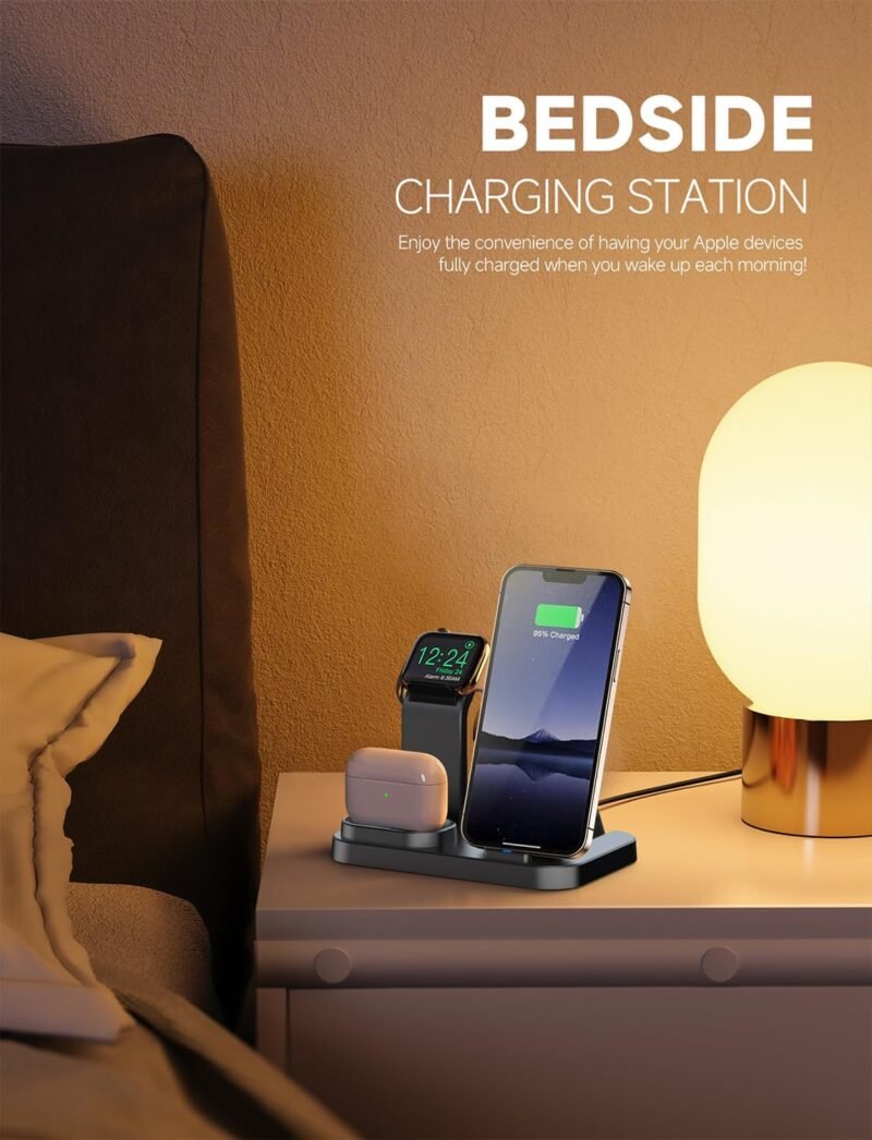 Wireless Charging Station 3 in 1 RJR Compatible with Apple Devices, Charging Dock for iWatch, Built-in Wireless Charger Stand for iPhone Series AirPods Gifts (with 18W Adapter) Graphite Black - Image 2