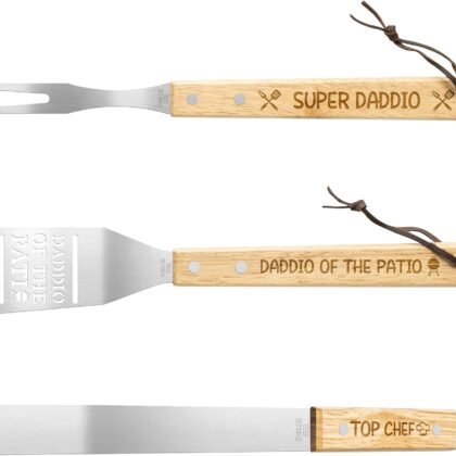 Haooryx Father's Day Grill Tools - 3Pcs Super Daddio Stainless Steel Grill Accessories Kit Tong Fork Spatula Top Chef Best Papa Dad Birthday Gift Outdoor BBQ Barbecue Camping Party Daddio Of The Patio