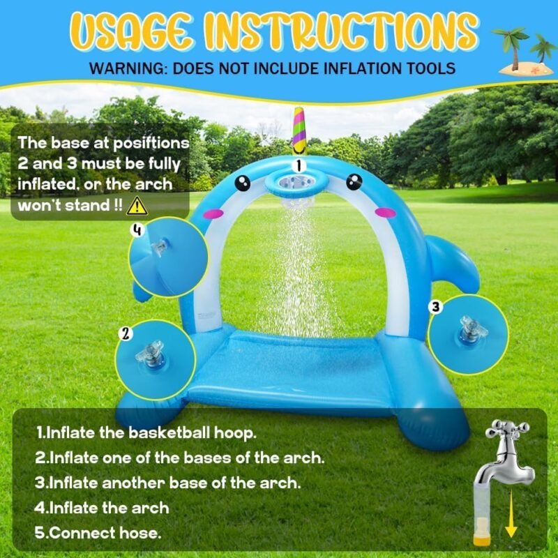8.7FT Inflatable Whale Sprinkler Water Toys with Basketball Hoop Arch, 3-in-1 Large Splash Pad for Kids & Dogs, 16 LED Lights, Thickened Mat Toys for Outdoor Backyard & Garden Summer Fun - Image 6