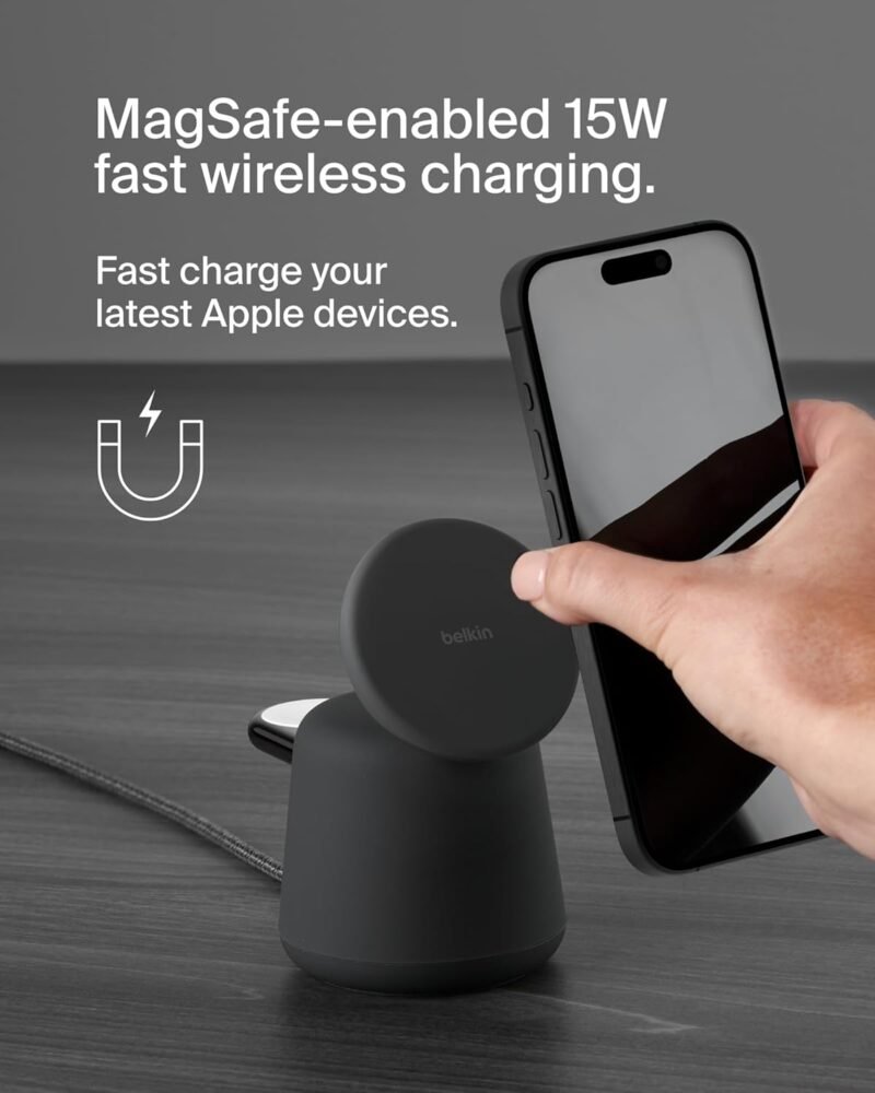 Belkin 2-in-1 MagSafe Wireless Charging Dock 15W Fast Charge iPhone Charger Compatible with iPhone 16, 15, 14, and 13 Series, AirPods, and Other MagSafe Enabled Devices, Includes Power Supply - Black - Image 2