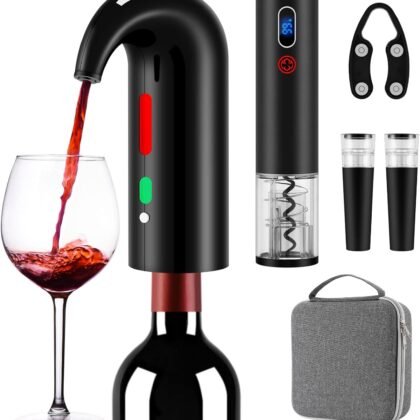 Wine Opener Day Gift Set with Electric Wine Bottle Opener, Wine Decanter&Wine Aerator and Pourer, wine stopper, Foil Cutter and EVA Storage Bag, Rechargeable and Automatic(Black)
